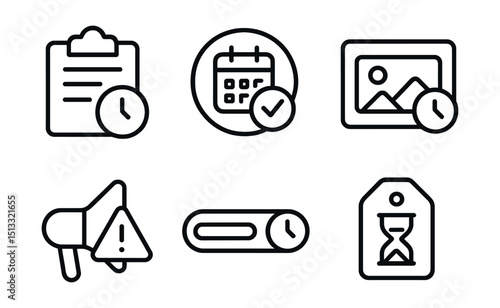 Line style icons of social media: content deadline tracker, post by date badge, scheduled content card, last-minute publish alert, time left bar, story expiration tag.