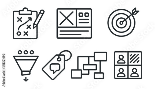 Line style icons of social media: strategy planning icon, campaign canvas layout, monthly target board, content funnel flow, platform strategy tag, outreach planning chart, audience segmentation grid