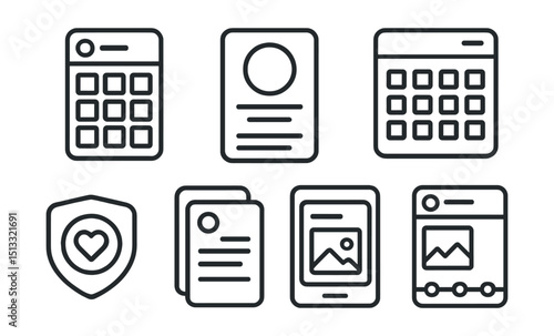 Line style icons of social media: post archive icon, story history screen, monthly content log, recap board badge, memories highlight card, feed from past layout, legacy content timeline.