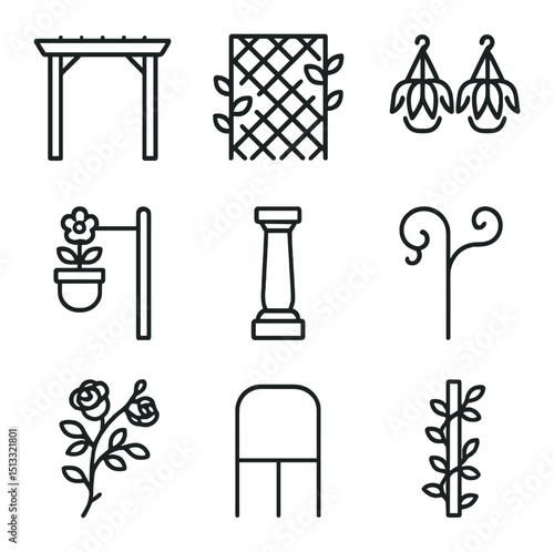 Garden Laundry Icons. Outline icon set of garden laundry integrations: pergola line, trellis with vines, hanging ferns, potted