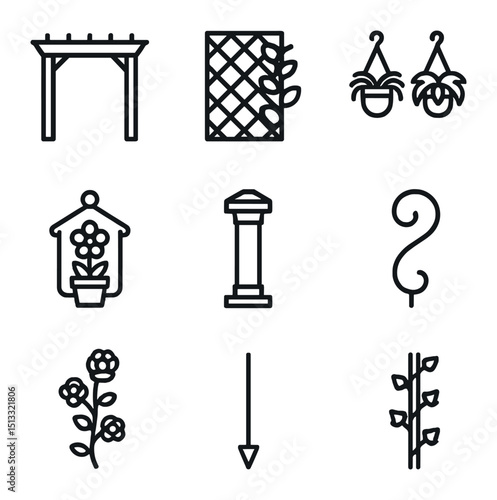 Garden Laundry Icons. Outline icon set of garden laundry integrations: pergola line, trellis with vines, hanging ferns, potted