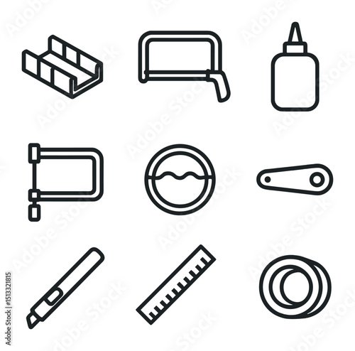 DIY Framing Tools Icons. Outline icon set of DIY framing tools: miter box, frame saw, glue bottle, frame clamp, picture wire, turn