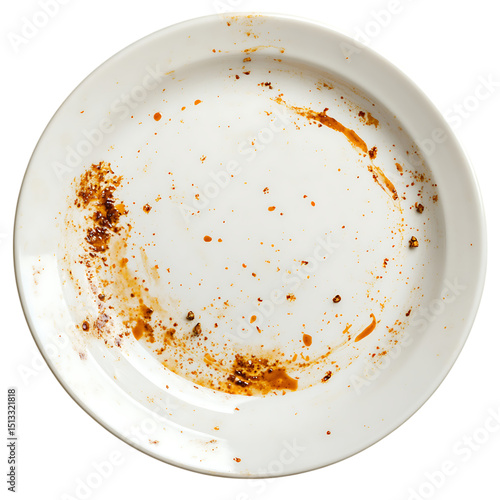 Dirty white plate with food stains isolated on transparent background, png