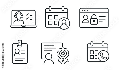 Line style icons of remote work: remote onboarding checklist, first day agenda icon, tool access grant screen, mentor assignment tag, training completion badge, welcome message card, intro call