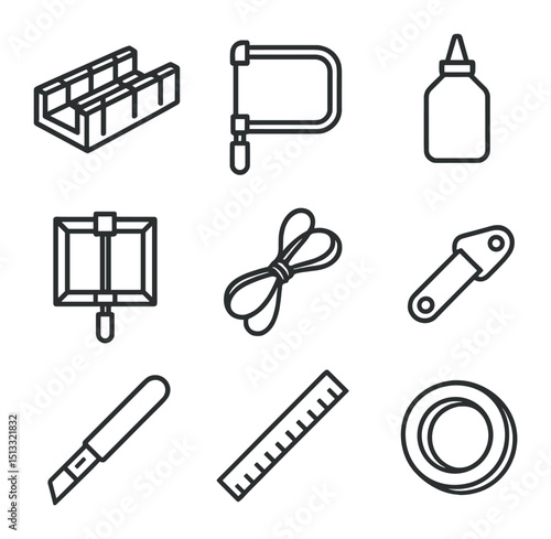DIY Framing Tools Icons. Outline icon set of DIY framing tools: miter box, frame saw, glue bottle, frame clamp, picture wire, turn