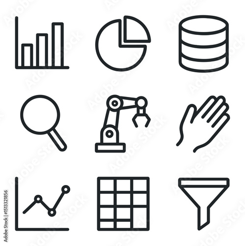 Collaborative Data Icons. Outline icon set of collaborative data analysis: bar graph, pie chart, database cylinder, magnifying