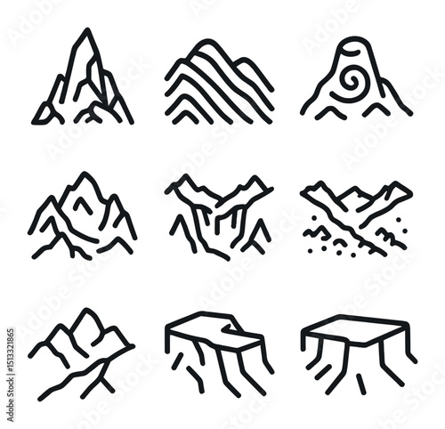 Geological Icon Set. Outline icon set of geological mountain formations: granite spire, folded strata, metamorphic swirl, volcanic