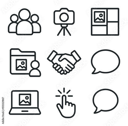 Collaborative Photo Icon Set. Outline icon set of collaborative photo projects: group silhouette, camera tripod, storyboard,