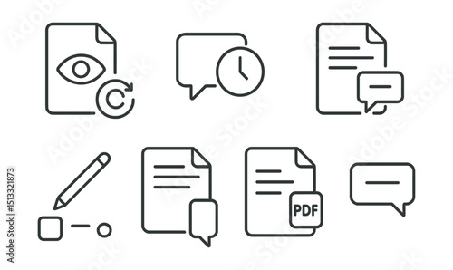 Line style icons of remote work: async file review icon, comment with timestamp badge, doc scroll feedback, reply thread in PDF, multi-format annotation tool, side comment layout, doc reply bubble.