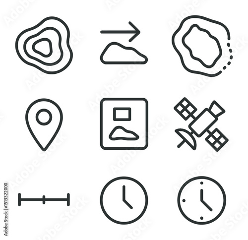 Glacier Mapping Icons. Outline icon set of glacier retreat mapping: contour lines, retreat arrow, historical glacier outline,
