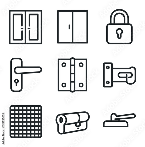 Door and Window Icons. Outline icon set of door and window fittings: double door, sliding window, padlock, door handle, hinge,