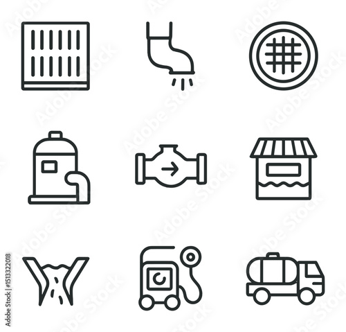 Drainage Icons Set. Outline icon set of drainage and sewers: storm drain grate, gutter pipe, manhole cover, pump station, backflow