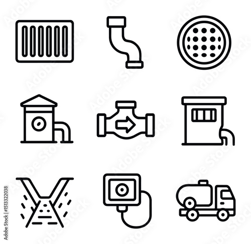 Drainage Icons Set. Outline icon set of drainage and sewers: storm drain grate, gutter pipe, manhole cover, pump station, backflow