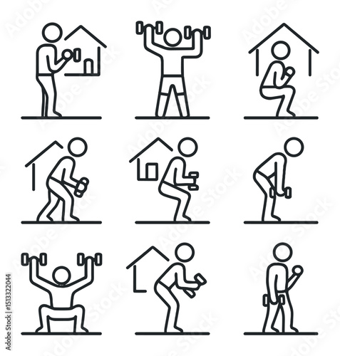 Dumbbell Routine Icons. Outline icon set of dumbbell routines at home: bicep curl, shoulder press, goblet squat, dumbbell row,