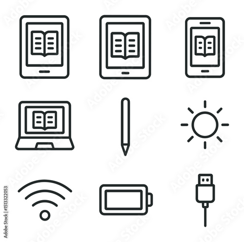 E-Book Device Icons. Outline icon set of E-book devices comparison: e-reader, tablet, smartphone, laptop, stylus pen, screen