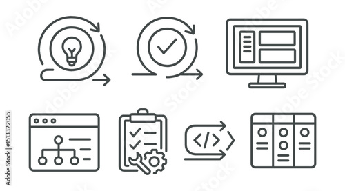 Line style icons of business innovation: development cycle icon, agile iteration badge, release backlog screen, versioning panel layout, build/test tracker, code and deploy flow, dev status board.