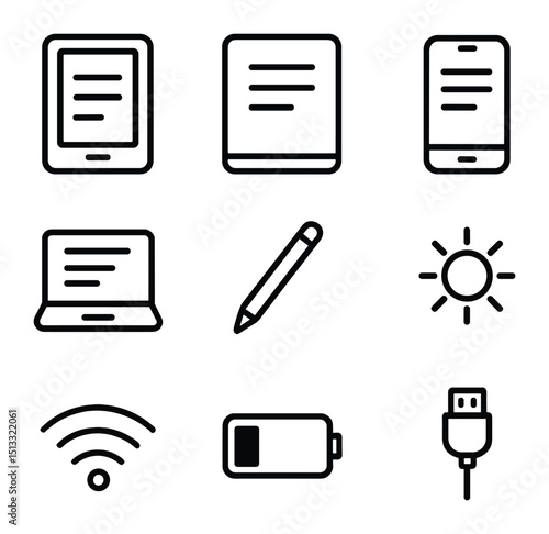 E-Book Device Icons. Outline icon set of E-book devices comparison: e-reader, tablet, smartphone, laptop, stylus pen, screen