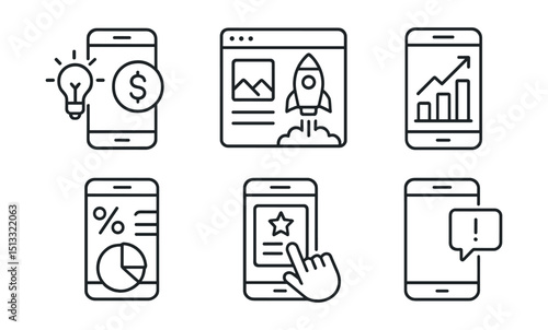 Line style icons of business innovation: mobile business app icon, startup UI layout badge, on-the-go dashboard screen, quick stats mobile view, feature card tap panel, push alert preview.