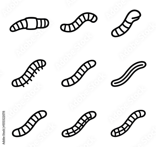 Earthworm Anatomy Icons. Outline icon set of earthworm anatomy: clitellum band, segmented body, prostomium lip, setae bristles,