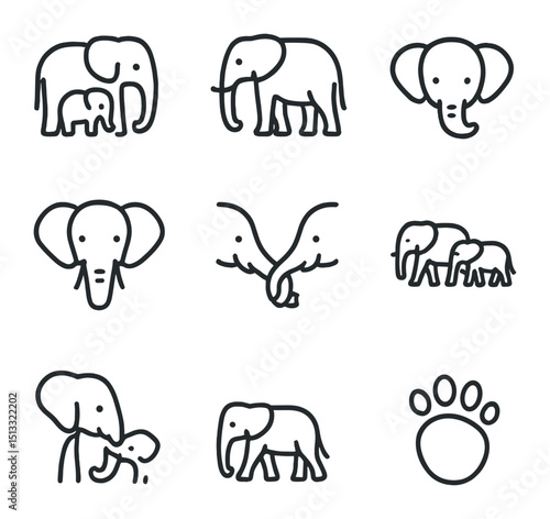 Elephant Family Icons. Outline icon set of elephant family group: adult elephant, baby elephant, matriarch silhouette, calf head,
