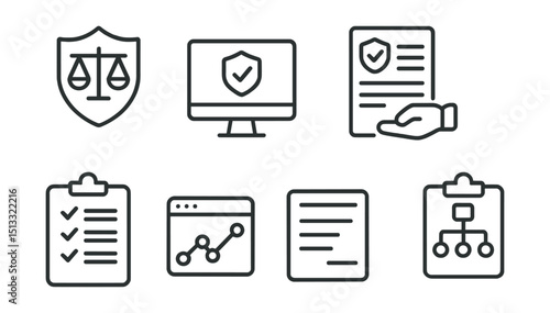 Line style icons of business innovation: legal compliance icon, GDPR badge screen, business policy layout, terms agreement card, contract panel viewer, regulation checklist icon, audit trail tracker.