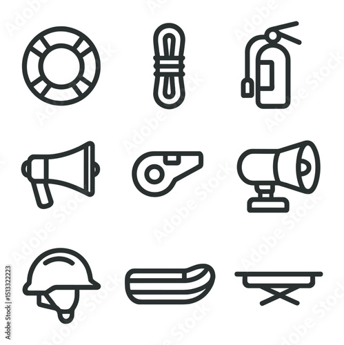 Emergency Aid Icons. Outline icon set of rescue and emergency aid: lifebuoy, rescue rope, fire extinguisher, megaphone, emergency