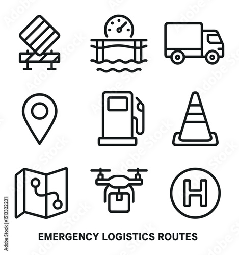 Emergency Logistics Icons. Outline icon set of emergency logistics routes: road detour sign, bridge integrity gauge, convoy truck,
