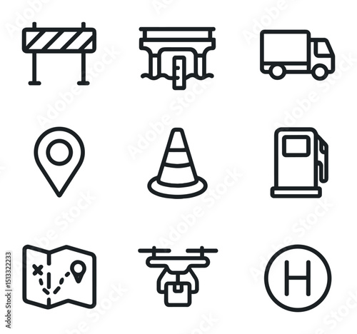 Emergency Logistics Icons. Outline icon set of emergency logistics routes: road detour sign, bridge integrity gauge, convoy truck,