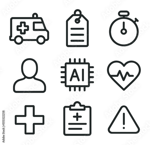 Emergency Triage Icons. Outline icon set of emergency triage AI: ambulance icon, triage tag, stopwatch, patient silhouette, AI
