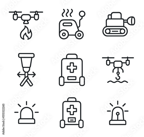Emergency Repair Bots Icons. Outline icon set of emergency repair bots: fire suppression drone, gas leak detector, flood pump