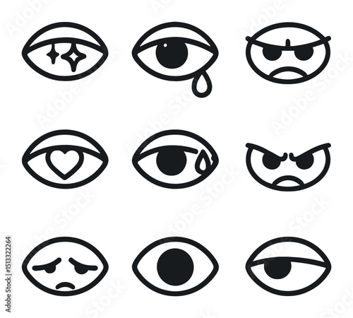 Emotion Icon Grid. Outline icon set of emotions conveyed by eyes: joyful sparkle, teardrop, furrowed brow, heart-shaped pupil,