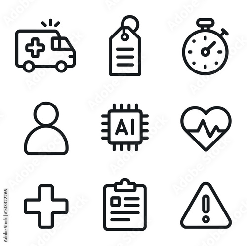 Emergency Triage Icons. Outline icon set of emergency triage AI: ambulance icon, triage tag, stopwatch, patient silhouette, AI