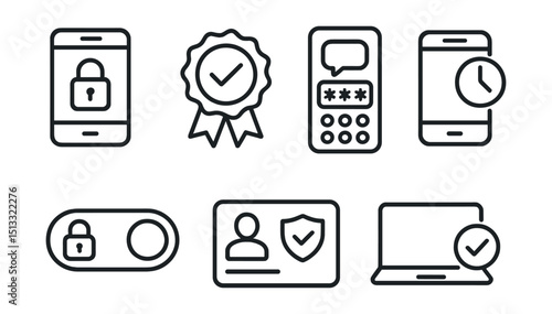 Line style icons of cybersecurity and privacy: two-factor authentication icon, code verification badge, SMS passcode panel, time-based token screen, backup method toggle, 2FA status card, trusted