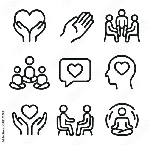 Emotional Comfort Icons. Outline icon set of emotional comfort: heart-shaped arms, soothing hand, therapy circle, mindfulness