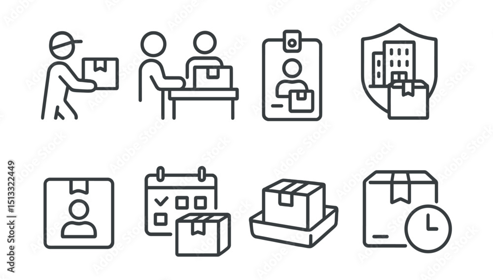 Line style icons of last mile delivery: delivery to office icon, front desk package symbol, package for employee tag, corporate delivery badge, building delivery chart, name on package icon, Line style icons of last mile delivery: delivery to office icon, front desk package symbol, package for employee tag, corporate delivery badge, building delivery chart, name on package icon,
