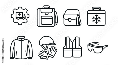 Line style icons of courier life: delivery gear icon, large delivery backpack, shoulder strap bag, thermal bag symbol, branded jacket, helmet and gloves icon, reflective vest badge, protective