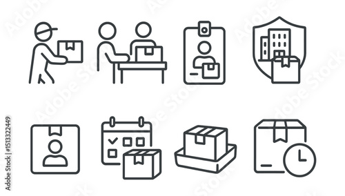 Line style icons of last mile delivery: delivery to office icon, front desk package symbol, package for employee tag, corporate delivery badge, building delivery chart, name on package icon,