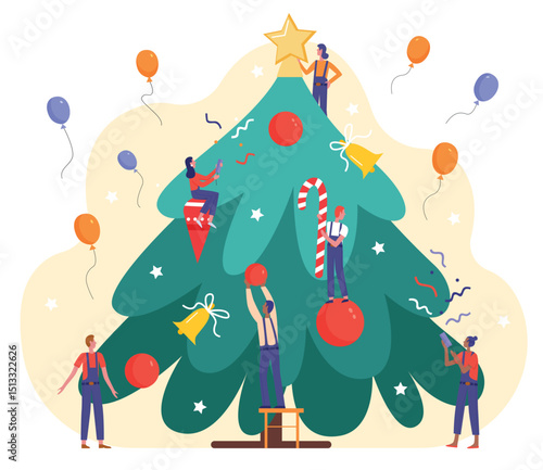 Decorate Christmas tree vector illustration. Cartoon flat tiny people decorating Xmas fir tree for celebrating New Year Eve, holding garland balls. Decoration for holiday celebration isolated on white