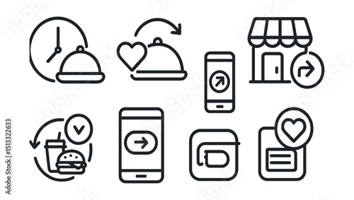 Line style icons of food delivery: order history with food, reorder favorite meal, previous restaurant icon, repeat last combo, reorder button in app, saved meal icon, quick repeat badge, favorite