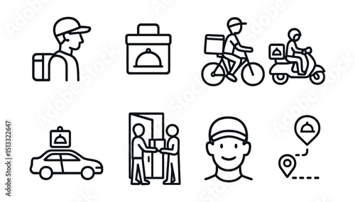 Line style icons of food delivery: food courier icon, insulated delivery bag, bike courier with food, scooter delivery symbol, car with food box, handoff at door, delivery with smile, route with food