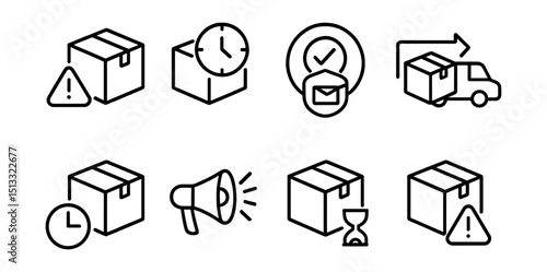 Line style icons of in-store pickup: missed pickup alert icon, expired pickup notice, return to sender badge, resend to courier symbol, extend pickup time request, notify about delay, storage time