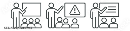Line style icons of workplace safety: safety training icon, instructor with board, employee group icon, briefing with warning sign, safety lesson symbol, onboarding safety session, workplace rules
