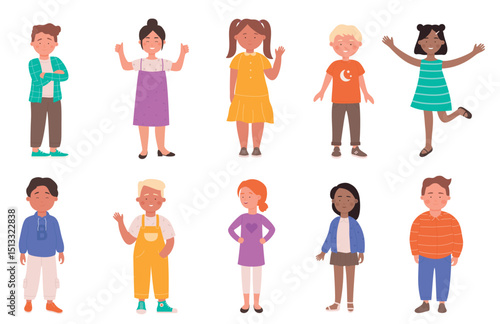 Happy diverse cute kids set vector illustration. Cartoon flat child characters group of different race smiling, preschool or school small boy and girl, children.