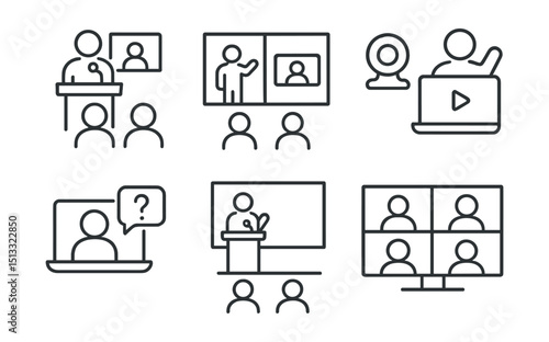 Line style icons of public speaking: hybrid presentation icon, live + remote screen, webcam with audience icon, speaker on livestream, online Q&A window, hybrid stage setup, dual mode presentation,