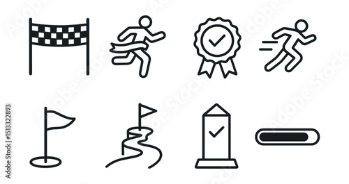 Line style icons of goals and achievements: finish line icon, ribbon break moment, race complete badge, final sprint symbol, goalpost with flag, step-by-step road to end, milestone reached icon,