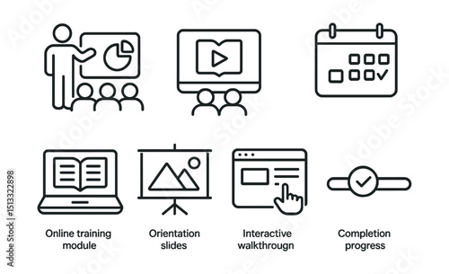 Line style icons of employee onboarding: training session icon, LMS course badge, onboarding video screen, first week schedule, online training module, orientation slides icon, interactive