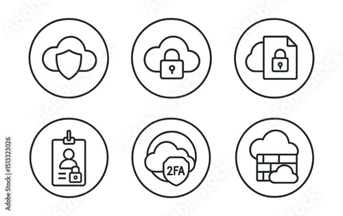 Line style icons of cloud technology: cloud security icon, shield inside cloud, cloud with padlock, encrypted file symbol, secure access badge, 2FA cloud icon, protected data ring, firewall with