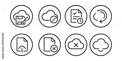 Line style icons of cloud technology: offline access icon, cloud with offline mode badge, locally synced file icon, delayed sync ring, pending upload cloud, offline document icon, disconnected cloud
