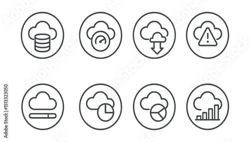 Line style icons of cloud storage: space usage icon, storage meter ring, file weight indicator, percentage bar in cloud, space full warning, cloud quota symbol, remaining space chart, usage breakdown