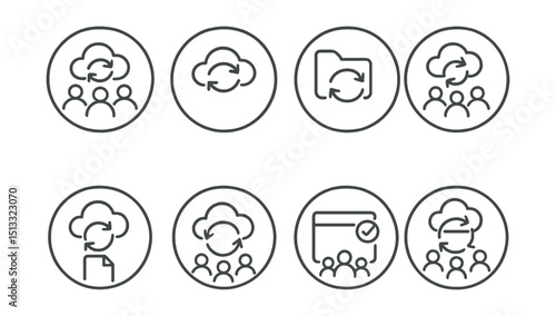 Line style icons of cloud sync: team sync icon, collaborative cloud arrows, project folder sync, real-time team update, shared content refresh, group access sync ring, project status auto-update,
